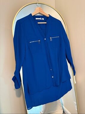 NOTATIONS Royal Blue Button-Down Zip Pocket Blouse